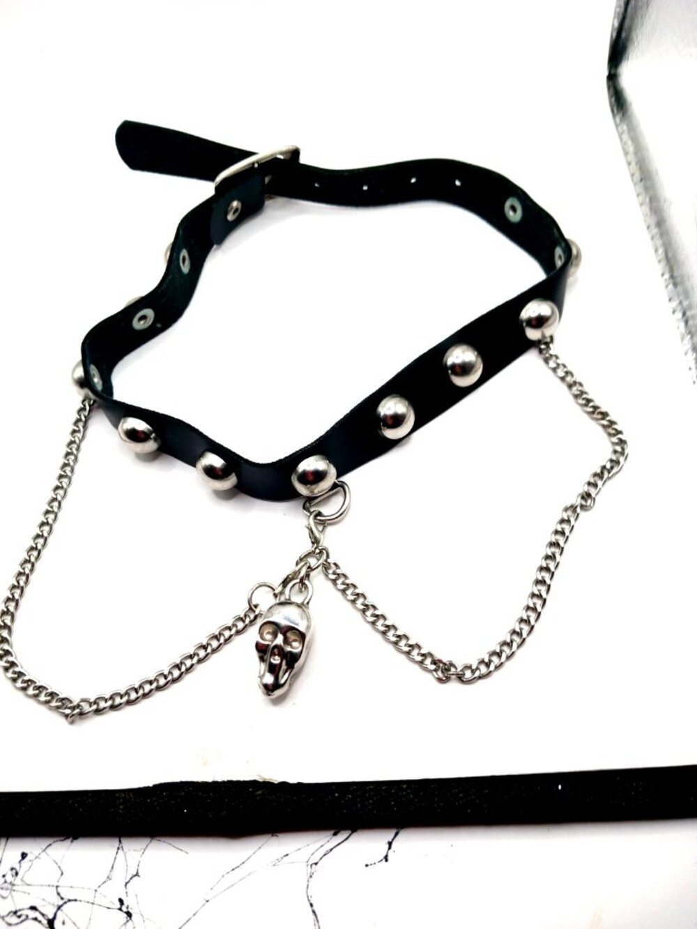 Gothic Skull + Chain Studded Choker-Necklace Vegan Leather-Black